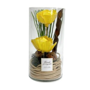 Composition fleurs jaune vase verre Ø 10 H.20